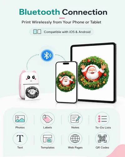 Vista 3 de Mini impresora de calcomanías con 11 rollos de papel, impresora térmica portátil sin tinta Bluetooth con aplicación AI para iPhone y Android
