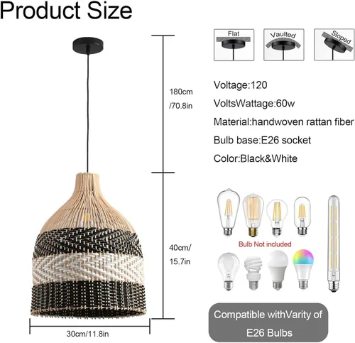 Vista 2 de Lámpara Colgante de Ratán 1 Paquete Candelabro de Cesta de Ratán Sintético Negro Blanco 11.8" Boho Tejido a Mano Ovalado de Mimbre Lámpara Colgante