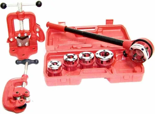 Vista 3 de Kit de enhebrador manual de tubo de trinquete, con cinco moldes + cortador de tubos + tornillo de banco para corte profesional y roscado de tubos
