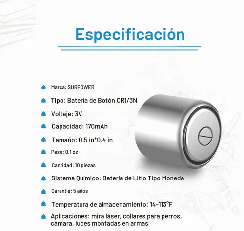 Vista 4 de SURPOWER CR1/3N 3V Batería de litio, paquete de 10 unidades 【5 años de garantía】