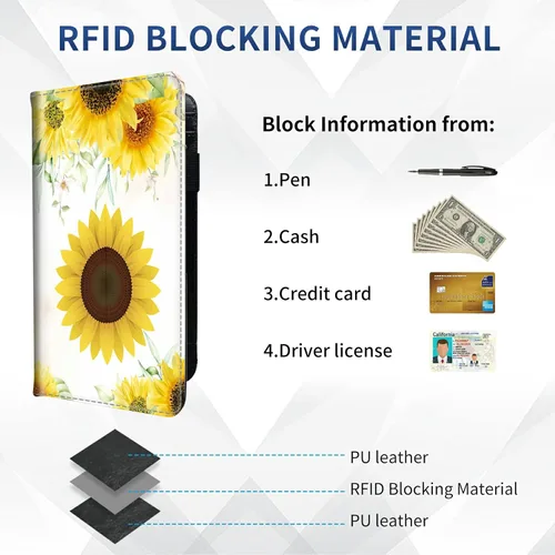 Vista 4 de DEGDFSGR Funda para chequera Cartera estándar de cuero de primera calidad con función de bloqueo RFID para hombres y mujeres, flor de sol