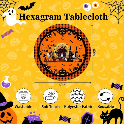 Vista 2 de Hexagram Mantel redondo de Halloween de 60 pulgadas, mantel de fantasma de calabaza