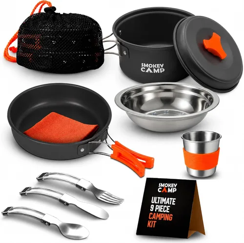 Vista 16 de Smokey Camp Camping Cookware Mess Kit Set with Stove - Backpacking Camping Pots and Pans Set, All in One Non-Stick Camping Cooking Set, Portable