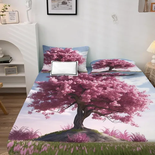Vista 2 de Juego de sábanas de 3 piezas con estampado de flor de cerezo, tamaño individual, diseño de árbol de Sakura, sábanas y fundas de almohada, sábana
