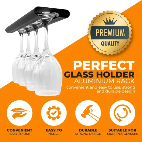 Vista 4 de Estante de aluminio para copas de vino, 2 unidades, soporte para copas de vino debajo del gabinete, estante para copas de vino montado debajo