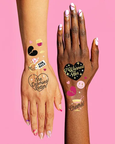 Vista 4 de xo, Fetti Tatuajes temporales para fiesta de divorcio – 60 estilos de aluminio Suministros de fiesta solo divorciados, recuerdos de fiesta