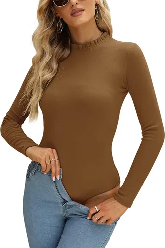 Vista 3 de PINKMSTYLE Body de manga larga con volantes y cuello alto falso para mujer, diseño acanalado, ajustado, para negocios, casual
