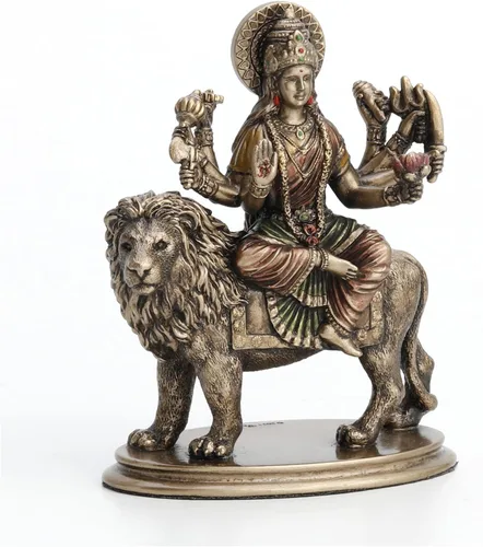 Vista 4 de Veronese Design 3 3/4 "Diosa hindú Durga montando en león en miniatura estatua de resina pintada a mano