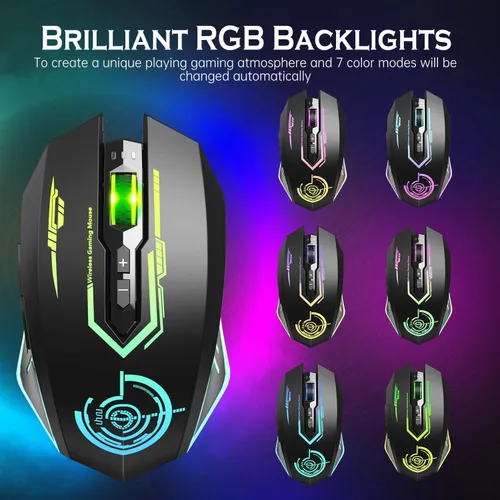 Vista 4 de Wireless USB Gaming Mouse, recargables uhuru 5 botones 7 Changeable LED Color ergonómico programable MMO RPG para PC computadora Portátil gaming