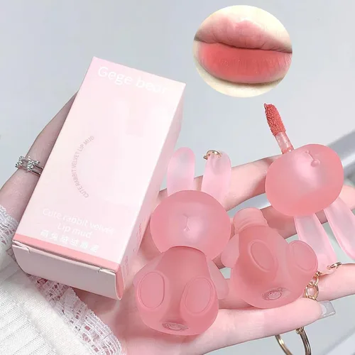 Vista 6 de Juego de lápices labiales líquidos de terciopelo mate de 6 colores, lindo esmalte de labios de conejo 2 en 1, llavero de brillo de labios, tinte