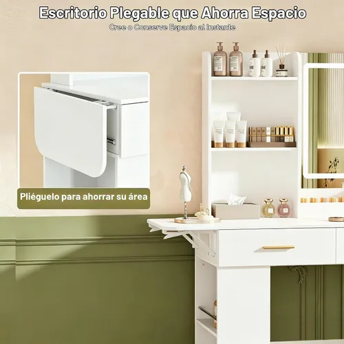 Vista 5 de Escritorio de tocador con espejo y luces, mesa de maquillaje de 43.31 pulgadas con 4 cajones, escritorio extra plegable con 3 estantes abiertos