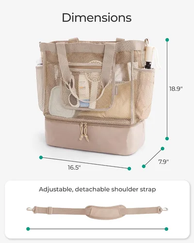 Vista 6 de BAGSMART Bolsa de playa para mujeres, bolsas de malla tipo tote con cremallera, esenciales de vacaciones a prueba de arena con enfriador