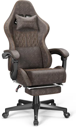 Vista 13 de Ferghana Silla vintage de piel sintética para videojuegos, silla de jugador con respaldo alto con masaje, silla ergonómica de oficina para Negro