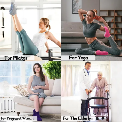 Vista 2 de SkiBeaut Calcetines adhesivos para mujer, 4 pares de calcetines antideslizantes de pilates con agarres, para mujer, yoga, hospital, calcetines