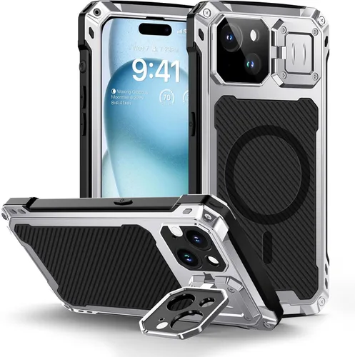 Vista 18 de Lanhiem Funda de metal para iPhone 13 con funda de cámara y soporte [compatible con MagSafe] [Soporte integrado] [Protección de grado militar] Funda