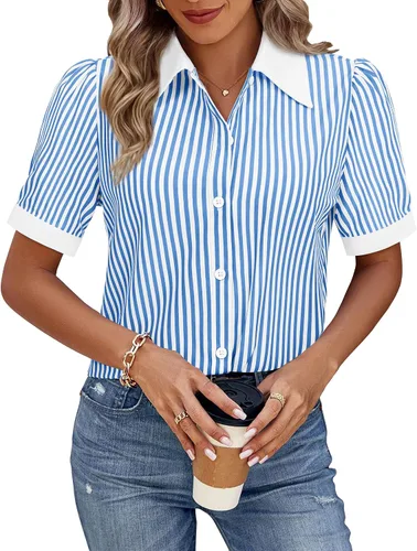 Vista 30 de Gleeivy Camisas de botones para mujer de manga corta abombada, camisas de vestir abotonadas con cuello ajustado, blusa superior de trabajo