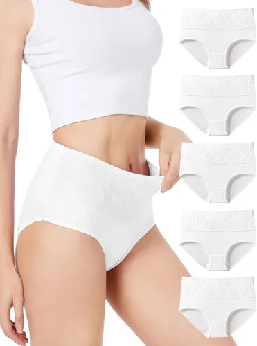 Vista 20 de HAVVIS Bragas Ropa Interior de Mujer de Algodón Cintura Alta Control Abdominal Panties Rosa Jacquard para Damas Multipack Calzoncillos 01 - Paquete