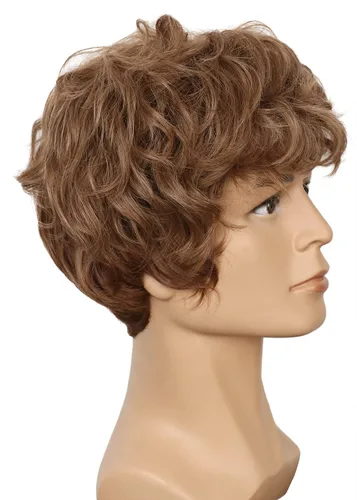 Vista 2 de yuehong Peluca corta rizada marrón para hombre, peluca de cosplay de anime
