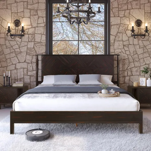 Vista 20 de Bme Ethan - Base de cama Queen con cabecera de diamante, moderna de mediados de siglo, madera de acacia maciza, no necesita somier, se adapta a