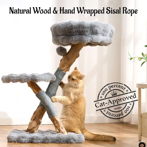 Vista 5 de Árbol para gatos de madera natural para gatos adultos de interior, torre de gatos moderna de 33 pulgadas con cama de felpa súper suave y percha