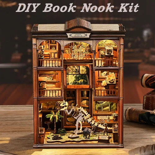 Vista 6 de ISSEVE Kits de rincón de libros para adultos, kit de bricolaje para casa de muñecas en miniatura, rompecabezas de madera 3D, construcción de modelos