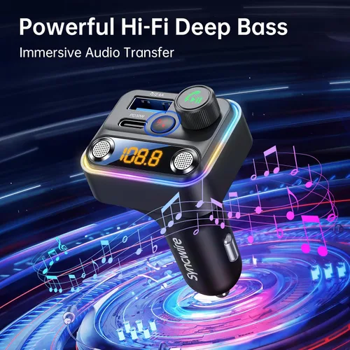 Vista 6 de Syncwire Bluetooth 5.4 Transmisor FM Adaptador para Coche 42W [Interruptor de Luz] [Micrófono Dual Más Potente] [Sonido de Graves HiFi]