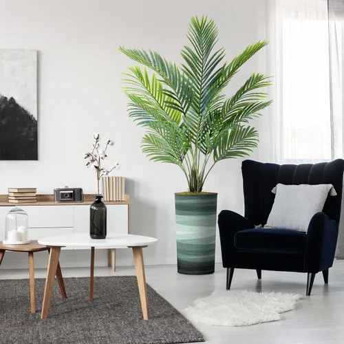 Vista 12 de Árbol artificial con diseño de hojas blancas y negras, palmera tropical areca artificial de seda para decoración del hogar en interiores y Diseño