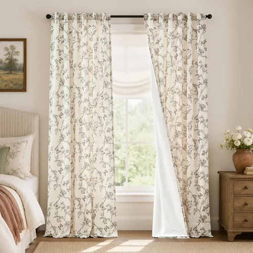 Vista 25 de Lazzzy Cortinas de lino floral verde con bolsillo para barra de granja, 50 Charlotte Verde