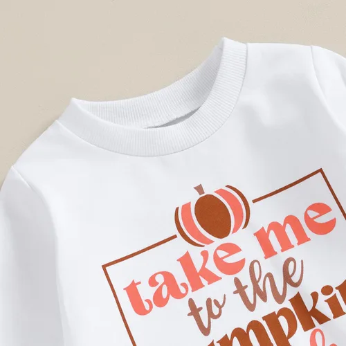 Vista 5 de Kuriozud Conjunto de 2 piezas para niña pequeña, sudadera de manga larga con estampado de letras de Halloween y pantalones acampanados acanalados