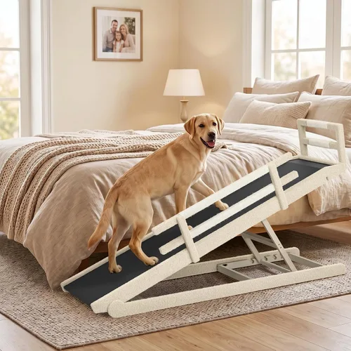 Vista 21 de Rampa para perros para cama, rampa de madera ajustable para mascotas de 46 Beige