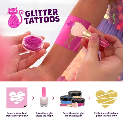 Vista 3 de Pretty Me Kit de tatuaje con purpurina para niños, tatuajes falsos metálicos y con purpurina para niñas, ideas de regalo de cumpleaños para niñas