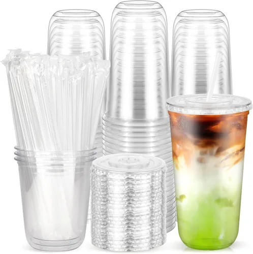 Vista 10 de 100 piezas de 12 onzas. Vasos desechables de plástico con tapas planas y popotes transparentes, vasos de fondo redondo para llevar café helado