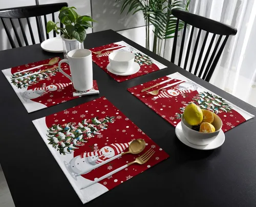Vista 3 de Juego de 6 manteles individuales de Navidad, muñeco de nieve, copo de nieve, árbol de Navidad, resistentes al calor, para mesa de comedor, lino