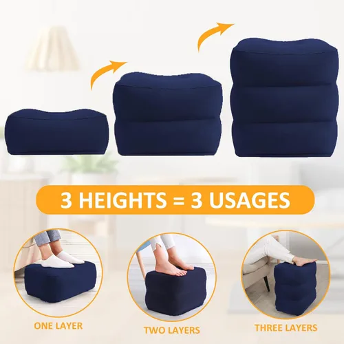 Vista 2 de Almohada inflable con reposapiés para viajes, altura ajustable, con máscara para los ojos y tapones para los oídos para niños y adultos en avión
