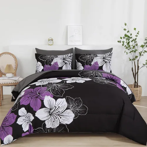 Vista 23 de Luxudecor Juego de edredón floral tamaño individual, 6 piezas de cama en una bolsa, edredón floral azul y juego de sábanas, juego de ropa de cama