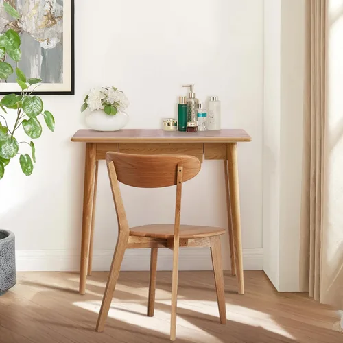 Vista 2 de Escritorio pequeño de madera, 100% roble con cajón, mesa de computadora de madera para escribir, mesa de maquillaje simple para dormitorio, oficina
