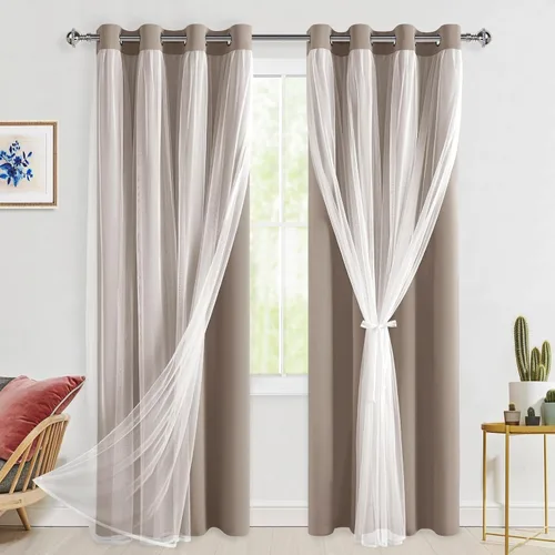 Vista 108 de Hiasan Cortinas opacas con superposición transparente, aislamiento térmico para mezclar y combinar de doble capa, cortinas de oscurecimiento de Beige