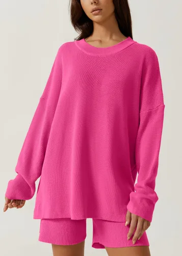 Vista 4 de QINSEN Conjunto de descanso para mujer, suéter de manga larga con pantalones cortos de dos piezas