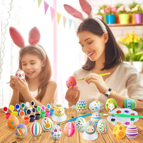 Vista 5 de SpringFlower Kit de pintura de huevos de Pascua blancos, 24 huevos flocados pintables con kit de garabatos para diseño de bricolaje, huevos flocados