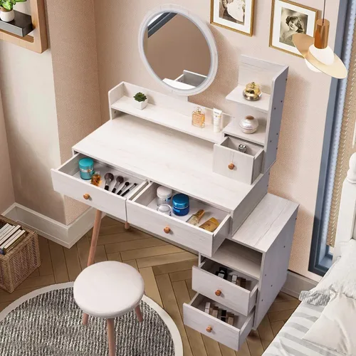 Vista 2 de Juego de mesa de tocador y taburete, escritorio de tocador con espejo LED de control táctil, longitud ajustable, juego de tocador para dormitorio