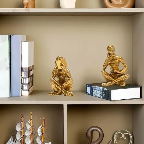 Vista 6 de Estatua de Pensador de Lectura Dorado Antiguo, Juego de 2 Decoración de Estantería Arte Abstracto Esculturas de Pensador, Figurilla Estética Moderna