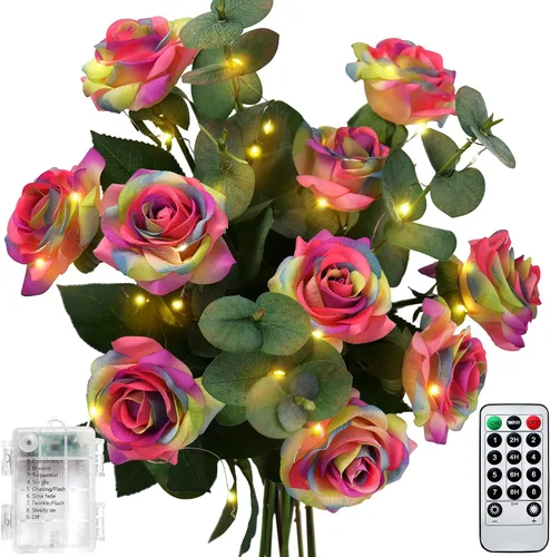 Vista 31 de FiveSeasonStuff 12 tallos de flores artificiales azul hielo, rosas de seda de tacto real para decoración de boda, en caja de regalo Azul helado
