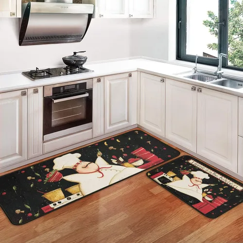 Vista 10 de Alfombras y esteras de cocina con tema de café (2 piezas), alfombra de cocina negra antideslizante lavable, suave, superabsorbente, juego