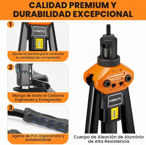Vista 3 de Kit de herramientas para tuercas de remache, 13 mandriles métricos/SAE y 150 tuercas remachables 16" Manual Nutsert Tool, Carbon Steel, Riv Nuts