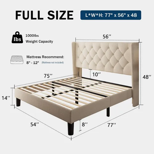 Vista 2 de GalnFu Base de cama tamaño full con cabecera capitoné con botones, base de cama plataforma tapizada con almacenamiento debajo de la cama, soportes