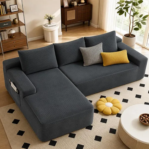 Vista 34 de Sofá seccional negro de 96.9 pulgadas, sofá modular de pana sin hueso con resortes y espuma de alta resistencia, asiento profundo compacto de gran