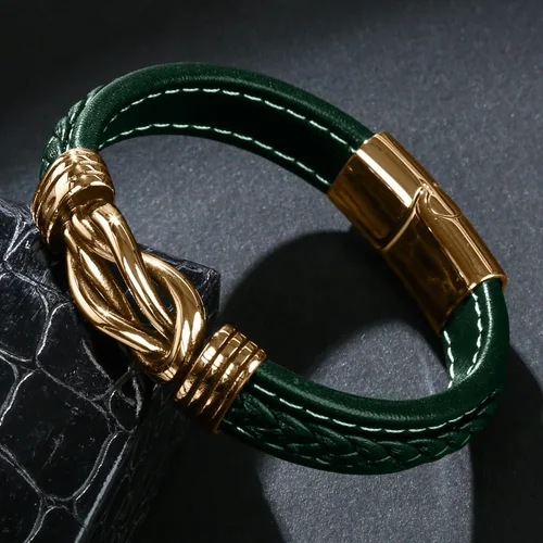 Vista 2 de Pulsera de cuero para hombre, pulsera de acero inoxidable, hebilla magnética para hombre