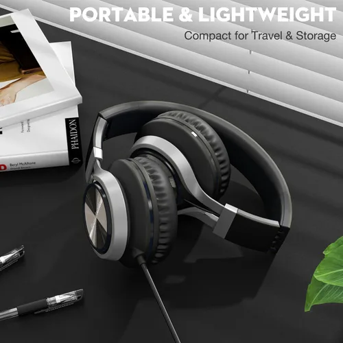 Vista 5 de Bywulanda - Auriculares con cable con micrófono y control de volumen, auriculares de diadema con cable, ligeros, plegables, con cable, estéreo