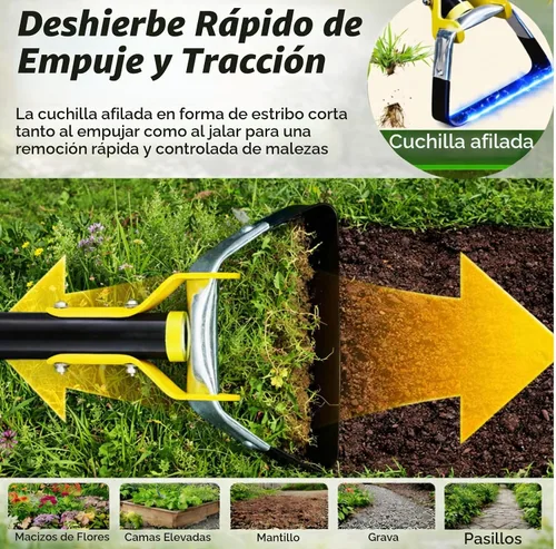 Vista 2 de Azada de jardín para desmalezar – Hoja afilada de empuje, azada de estribo de acero inoxidable, ajustable de 30 a 54 pulgadas, herramienta de azada