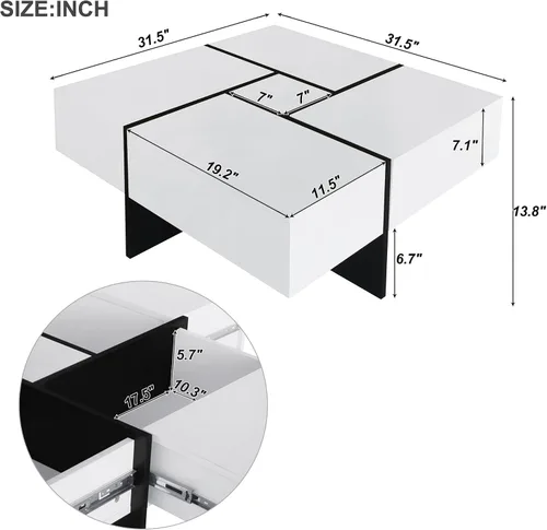 Vista 2 de Merax Mesa de centro cuadrada moderna con 4 compartimentos de almacenamiento ocultos, diseño UV de alto brillo para sala de estar, color blanco